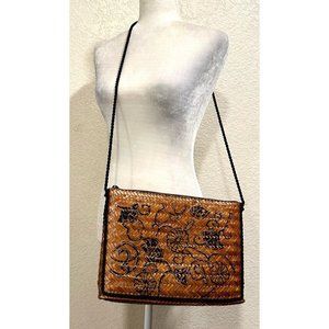 Genie Vintage 70s Brown Straw Floral Crossbody Bag